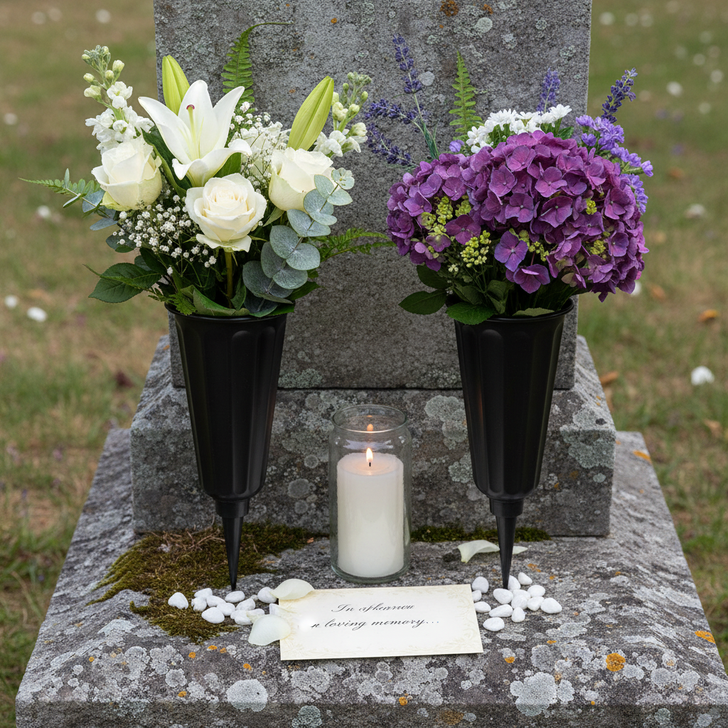 Flat lay of black cemetery vases with memorial flowers, candles, and sympathy card