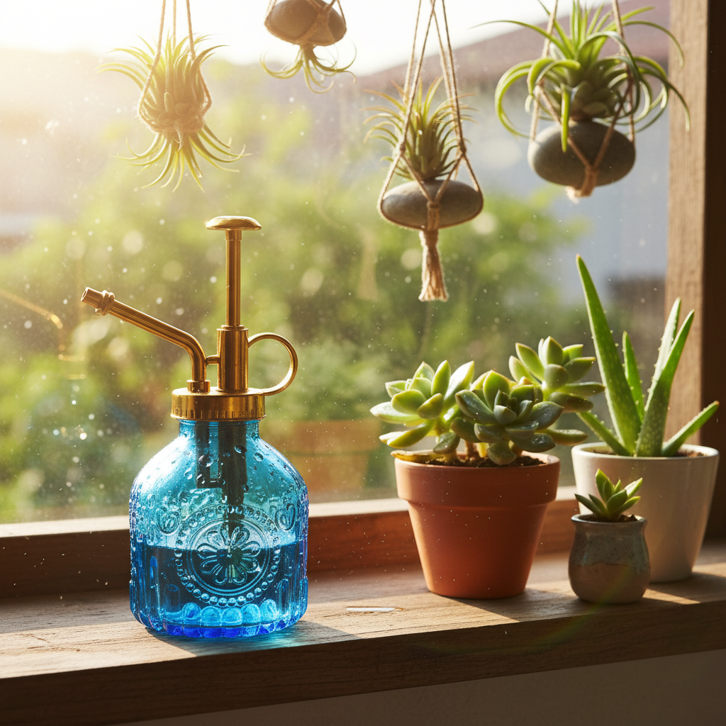 Blue glass plant mister with gold pump on windowsill with succulents and air plants in morning light