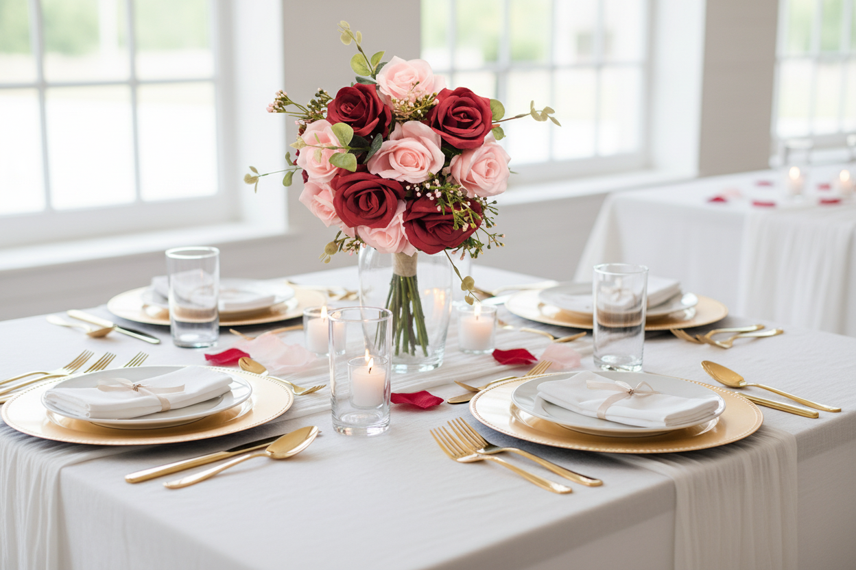 Red and pink rose bouquet centerpiece on elegant wedding tablescape with candles and gold flatware