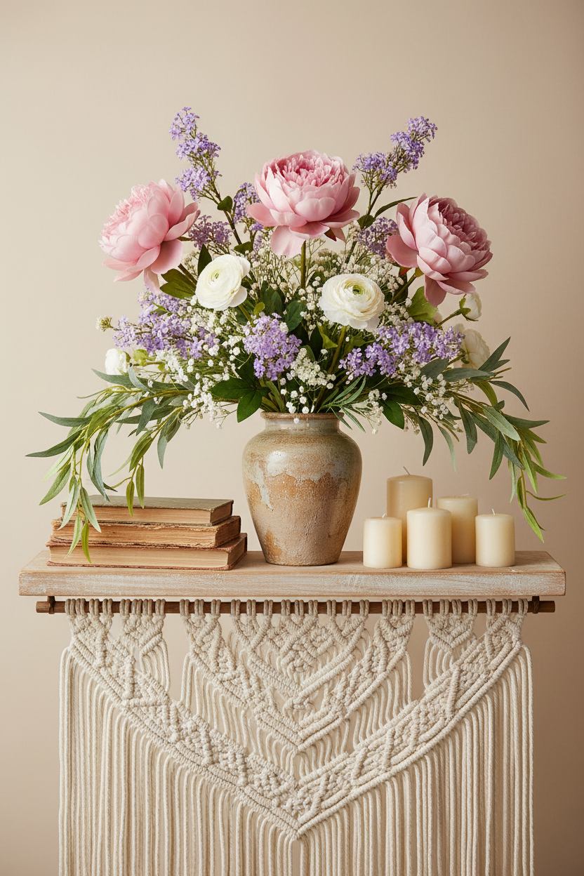 Artificial purple lilac stems arranged with blush peonies and white ranunculus in rustic ceramic vase on boho floating shelf with macrame and candles