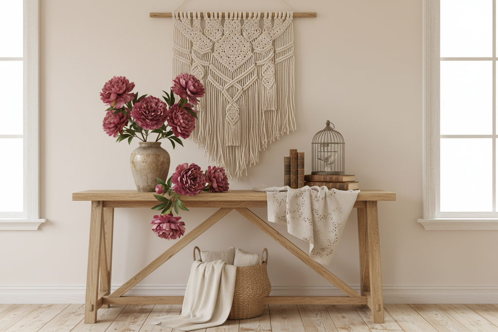 Boho console table styled with lavender wine peony arrangement and cottagecore decor in deep mauve rose palette