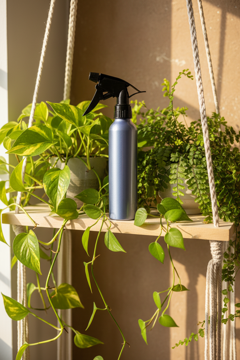 Metallic blue aluminum spray bottle among pothos ferns and trailing vines on boho wooden plant shelf, natural light