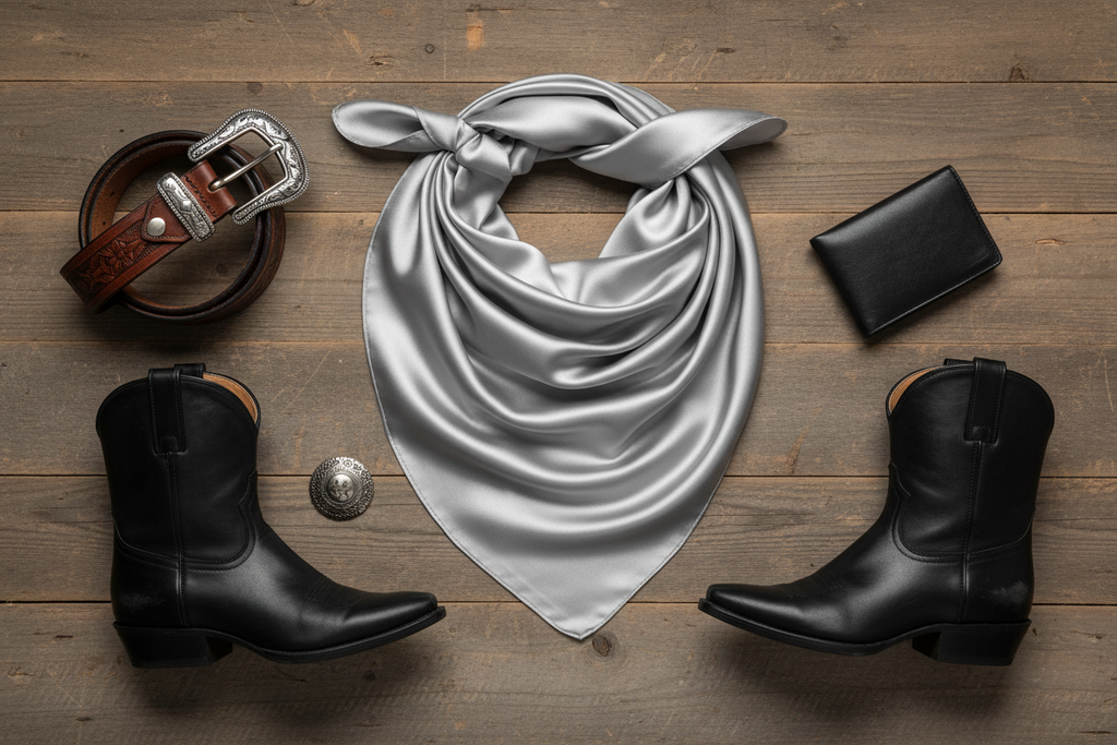 Silver gray wild rag flat lay with leather belt, silver buckle, and black leather accessories on barn wood