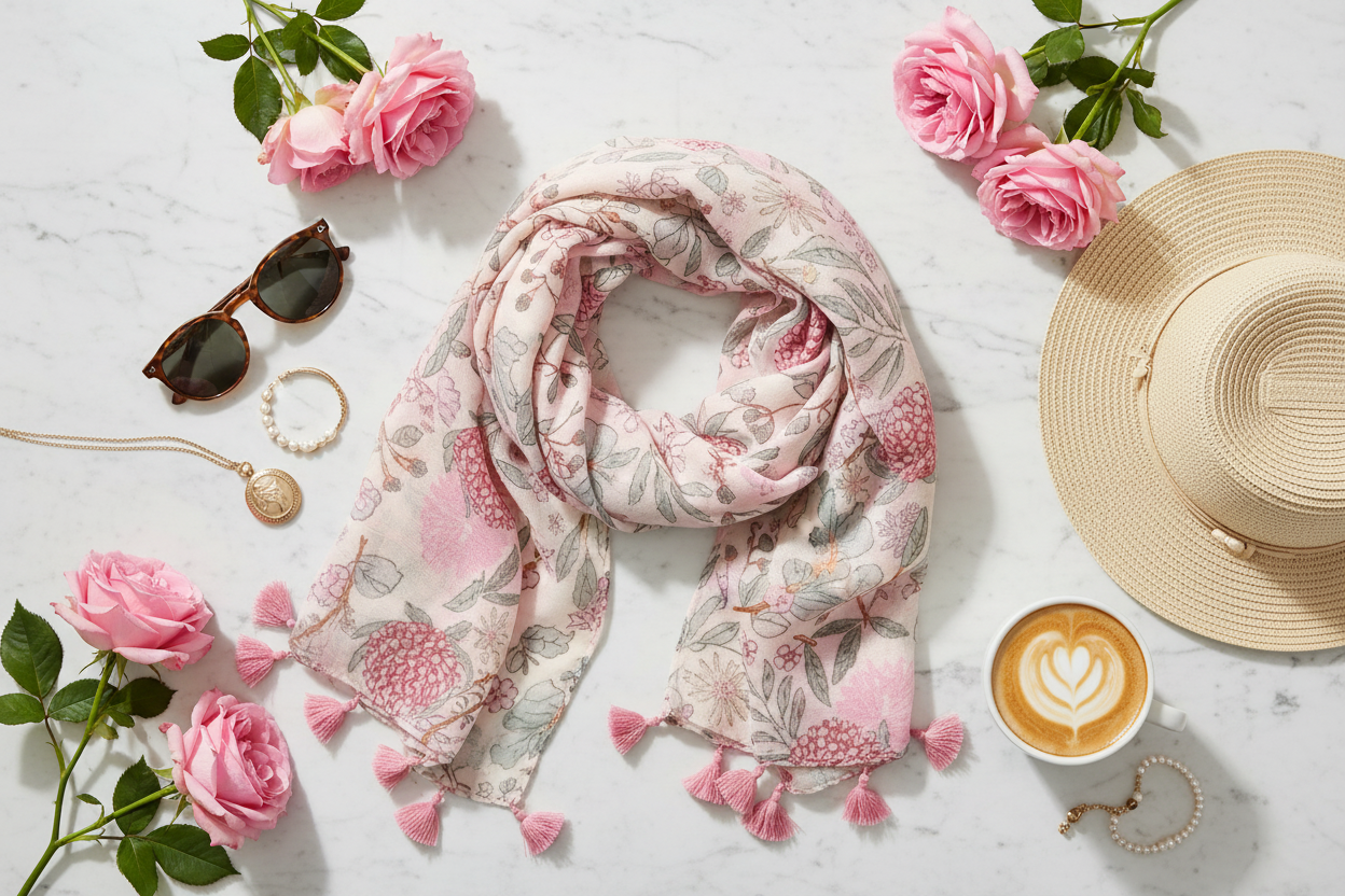 Styled flat lay of pink floral scarf with roses, jewelry and accessories