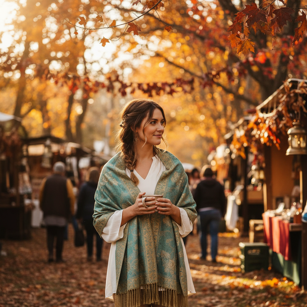 Woman wearing teal gold paisley jacquard fringe shawl wrap at outdoor autumn festival golden hour