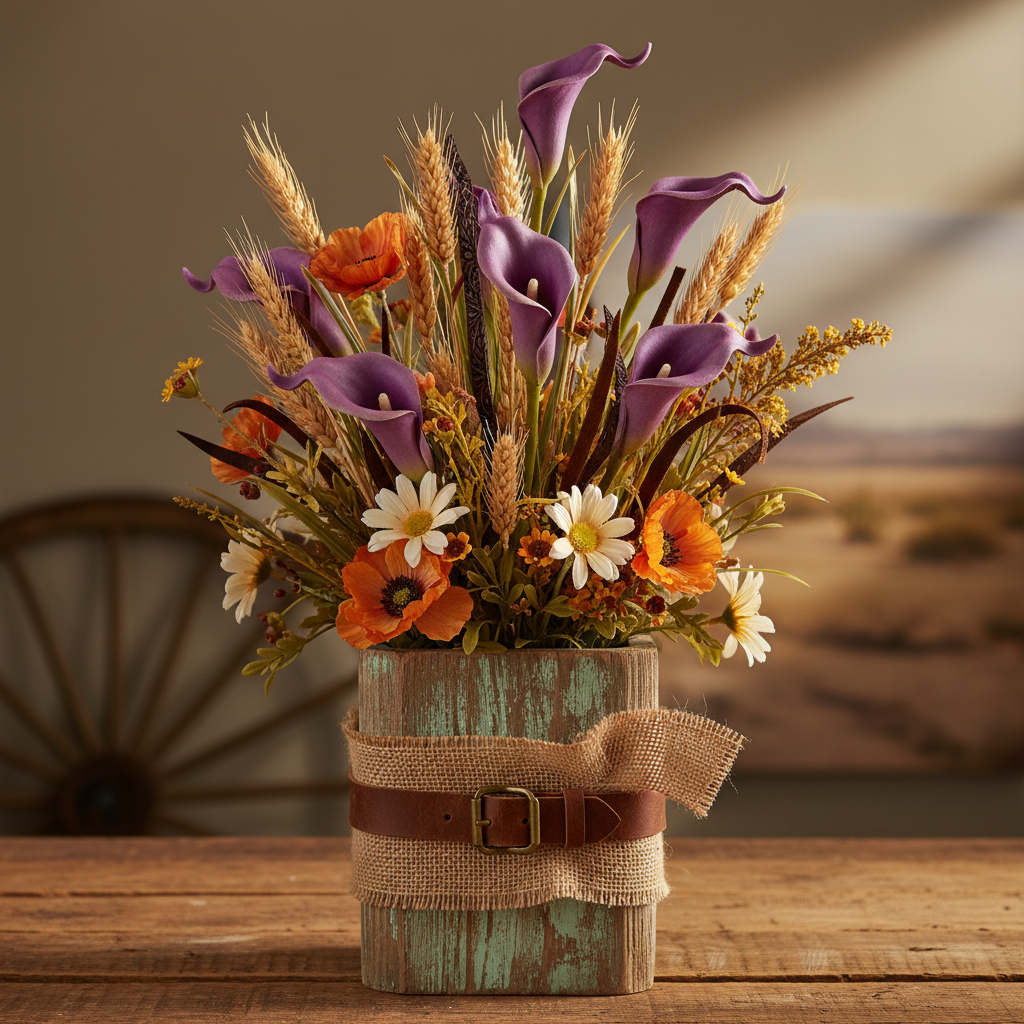 Rustic western style centerpiece with artificial purple calla lilies, dried wheat, burlap ribbon, and wildflowers in weathered wood vase