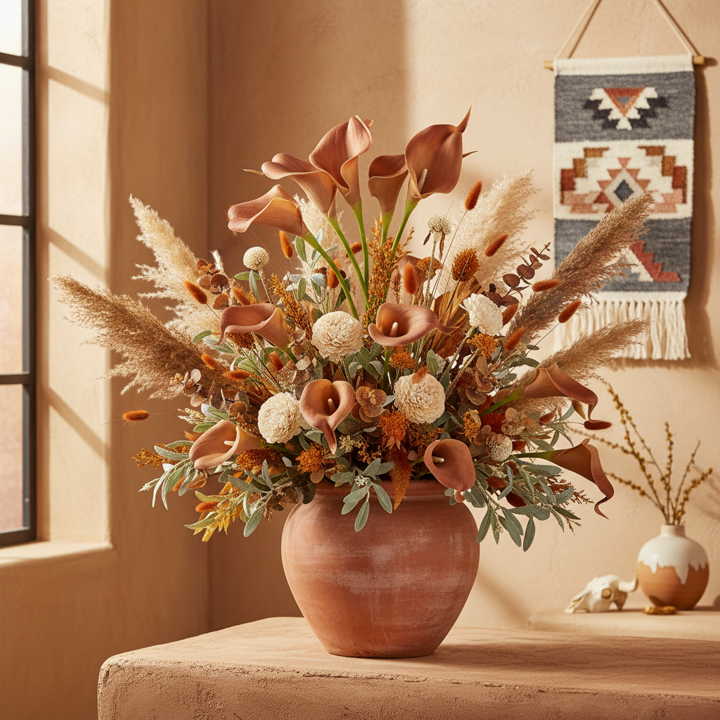 Terracotta burnt orange artificial calla lily stems in a clay pot with pampas grass and cream blooms, southwestern boho home decor styling