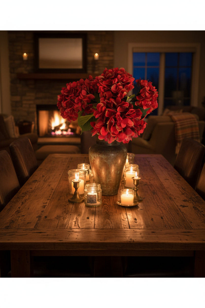 Deep red hydrangea stems in rustic bronze vase on farmhouse dining table with warm candlelight