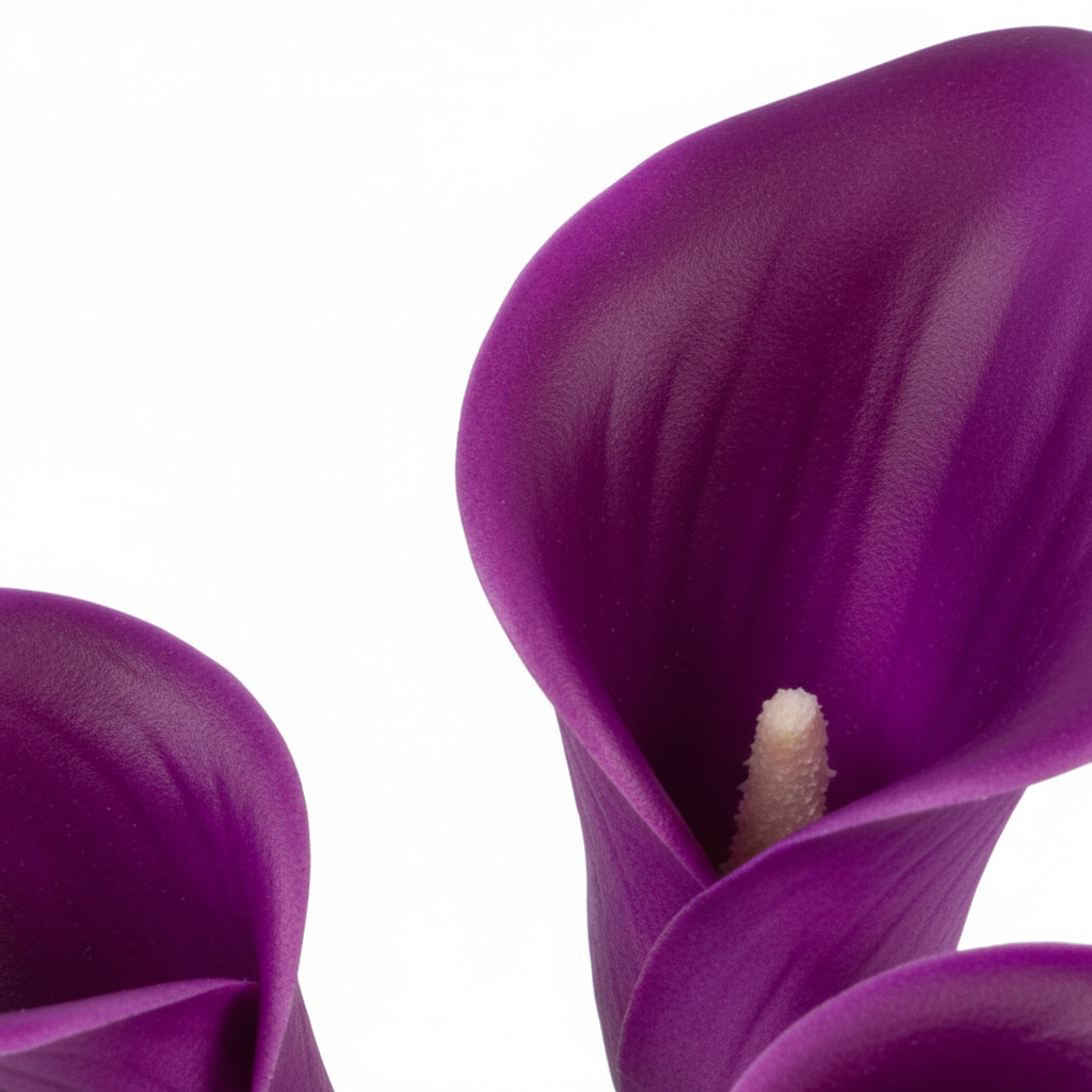 Close up macro detail of artificial purple calla lily bloom showing rich vivid purple color and smooth realistic petal texture on white background
