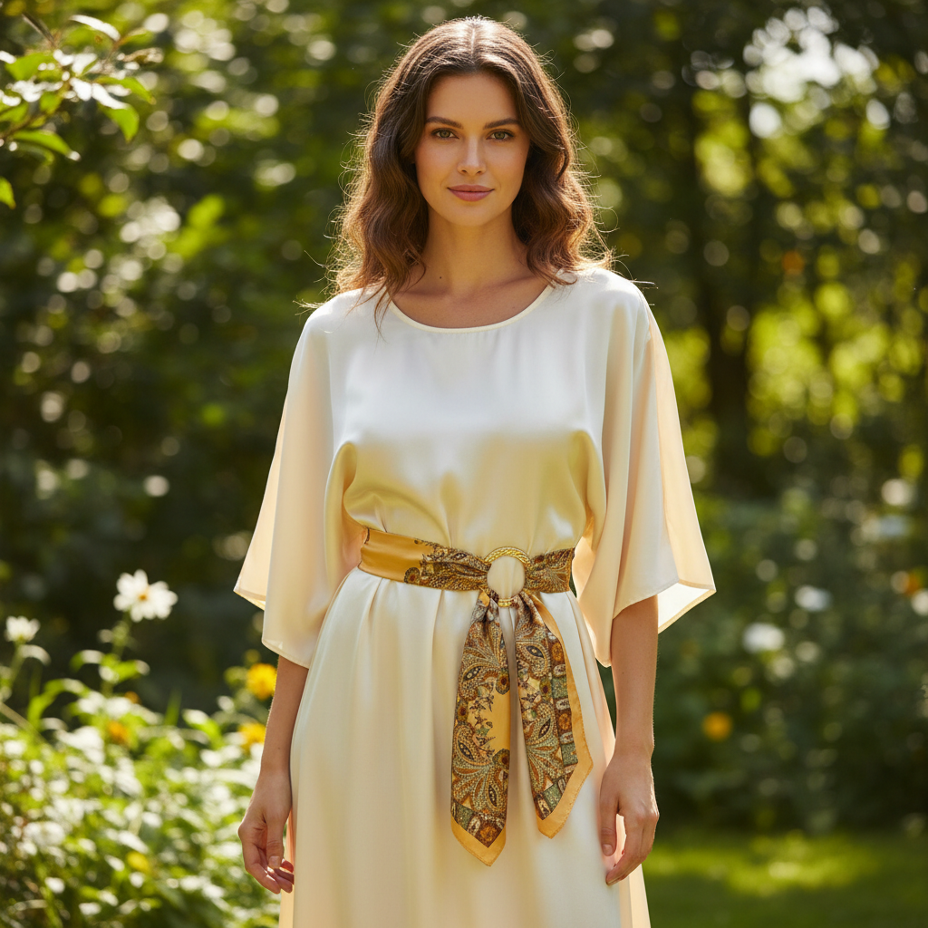Woman wearing golden honey gold paisley satin scarf looped through a gold ring as a waist belt over a boho cream satin dress