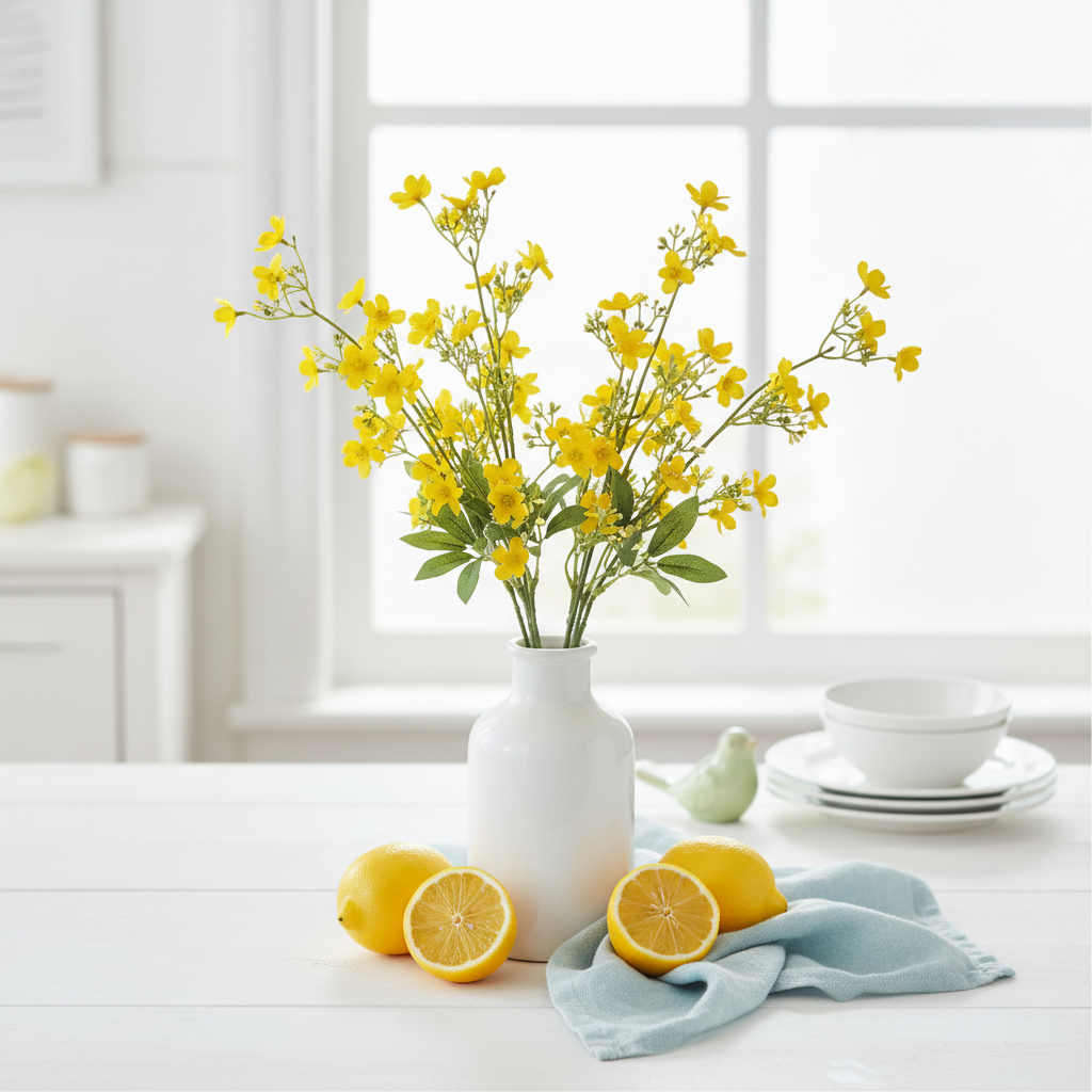 Artificial buttercup yellow dogwood stems in white ceramic vase as bright spring kitchen table centerpiece with lemons and linen