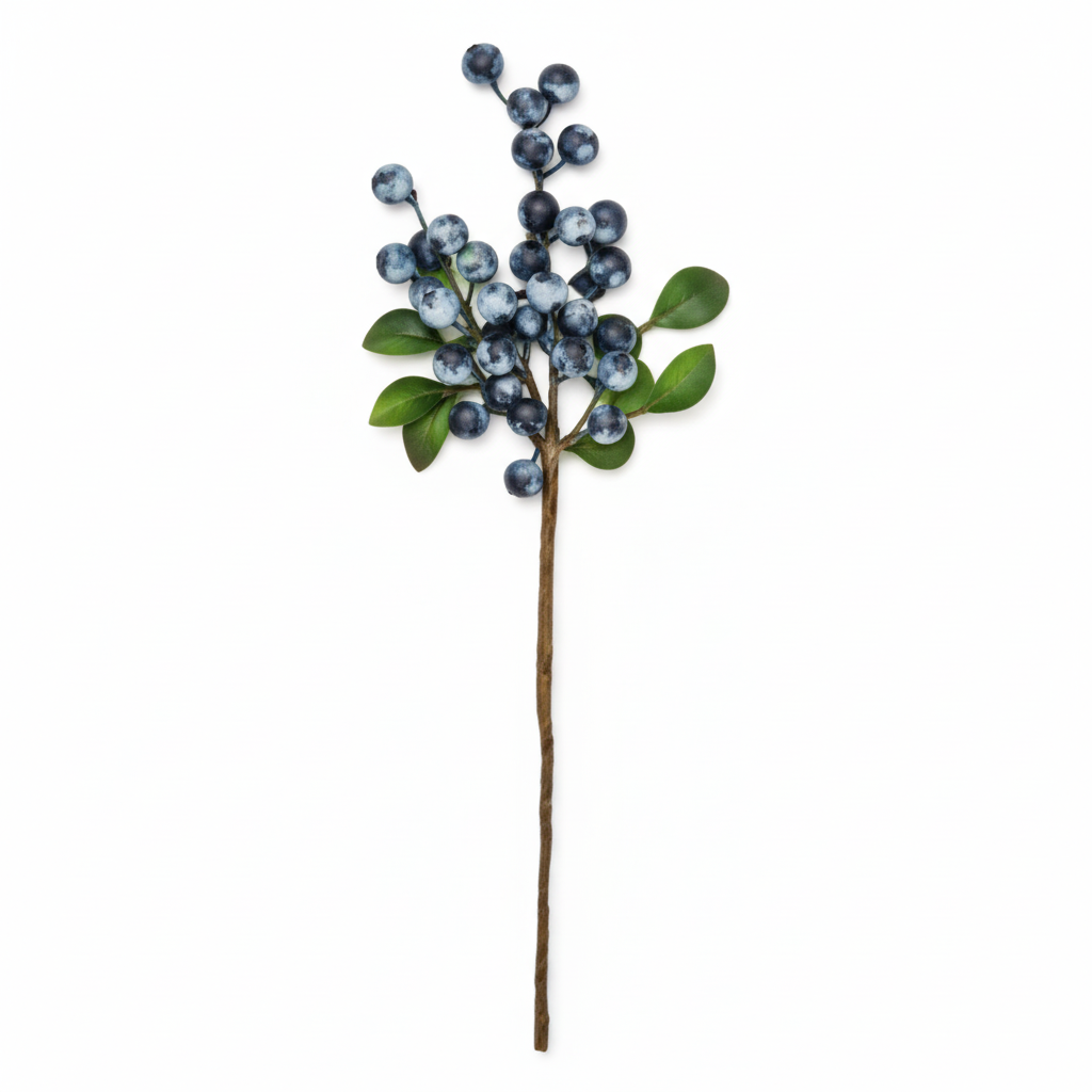 Set of 2 artificial blueberry stems with tiny soft blue huckleberry-style berries and green leaves on pure white background