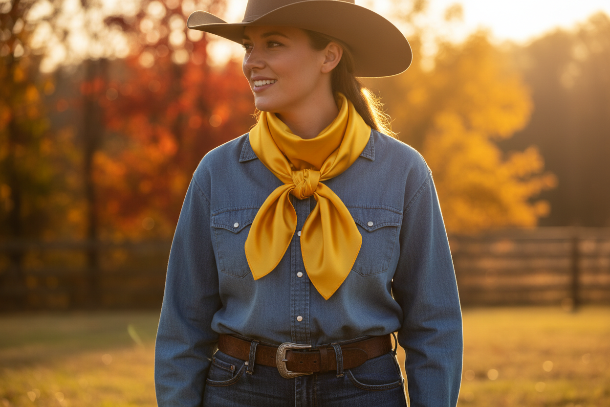 Bright gold wild rag tied elegantly at fall outdoor event with autumn foliage and chambray shirt