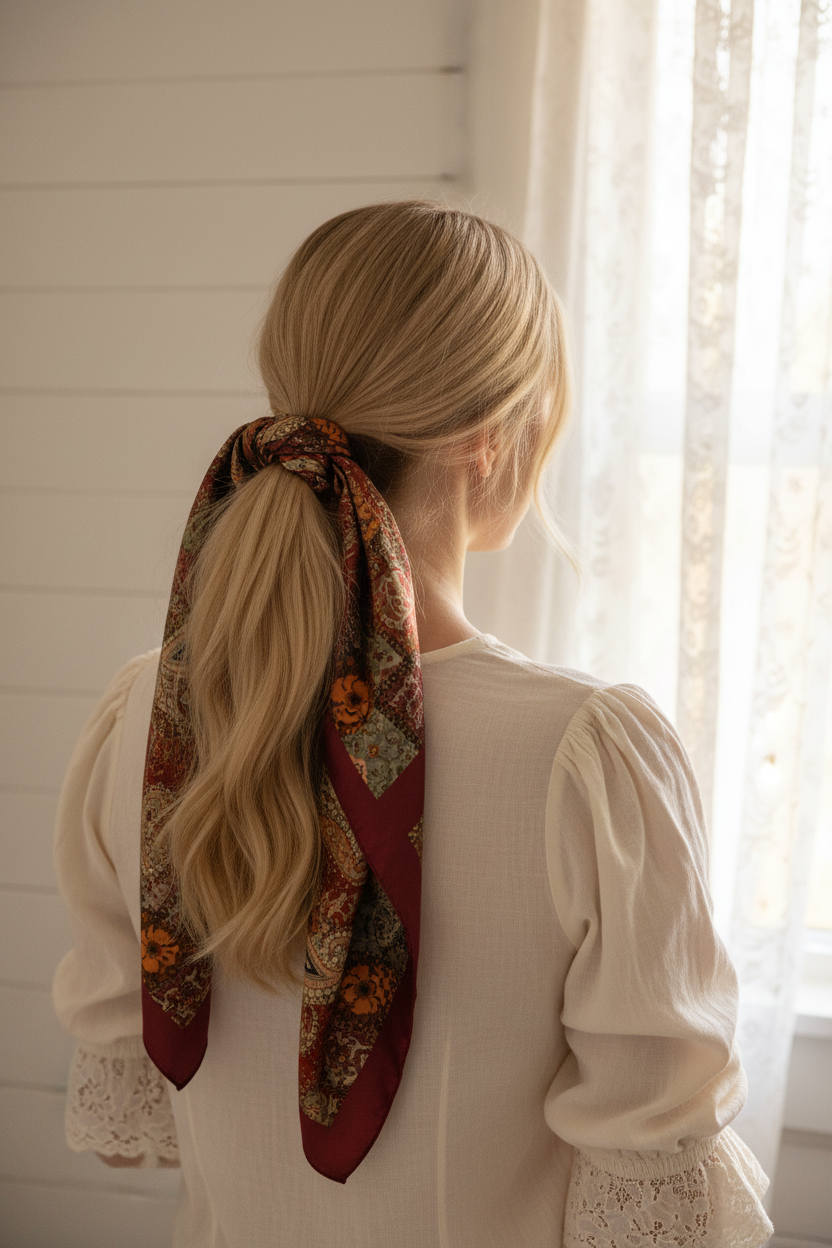 Fair skin blonde woman wearing burgundy paisley satin scarf as cottagecore ponytail wrap with cream blouse and shiplap wall background