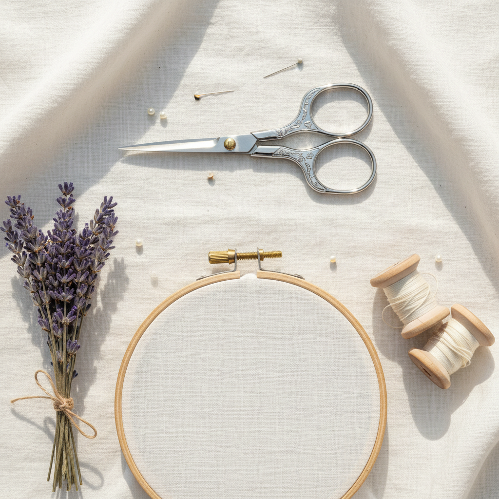 Ornate silver embroidery scissors with decorative vintage handle on white linen, styled with embroidery hoop, cream thread spools, dried lavender and pearl-head pins