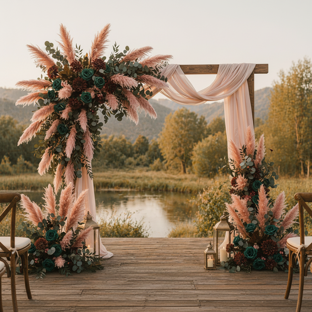 Rose pink mauve faux pampas grass 3 stem bundle in lush boho outdoor wedding arch with emerald green roses, burgundy dahlias, chocolate dahlias and forest green eucalyptus at golden hour lakeside