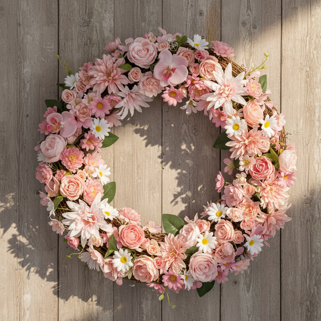 Handmade wreath decorated with pink artificial roses, daisies, and orchids for home decor