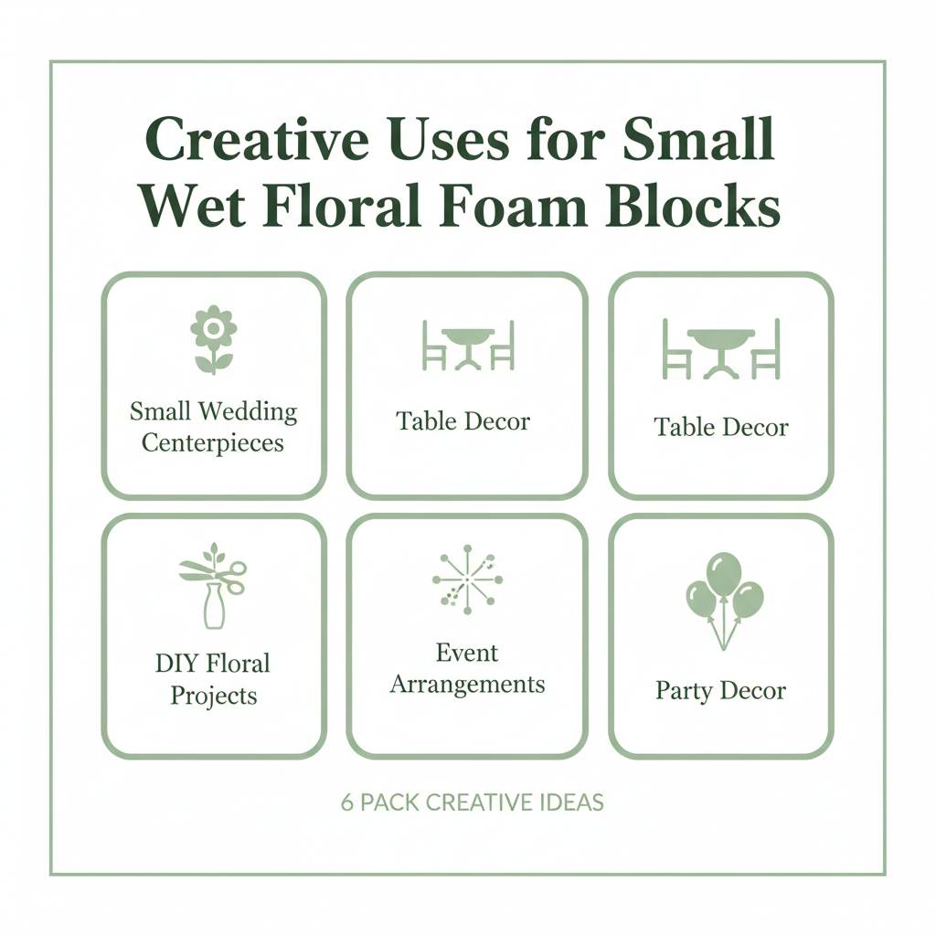 Creative uses infographic for small wet floral foam blocks 6 pack showing wedding centerpieces, table decor, DIY projects, event arrangements, bud vase fillers, and party decor