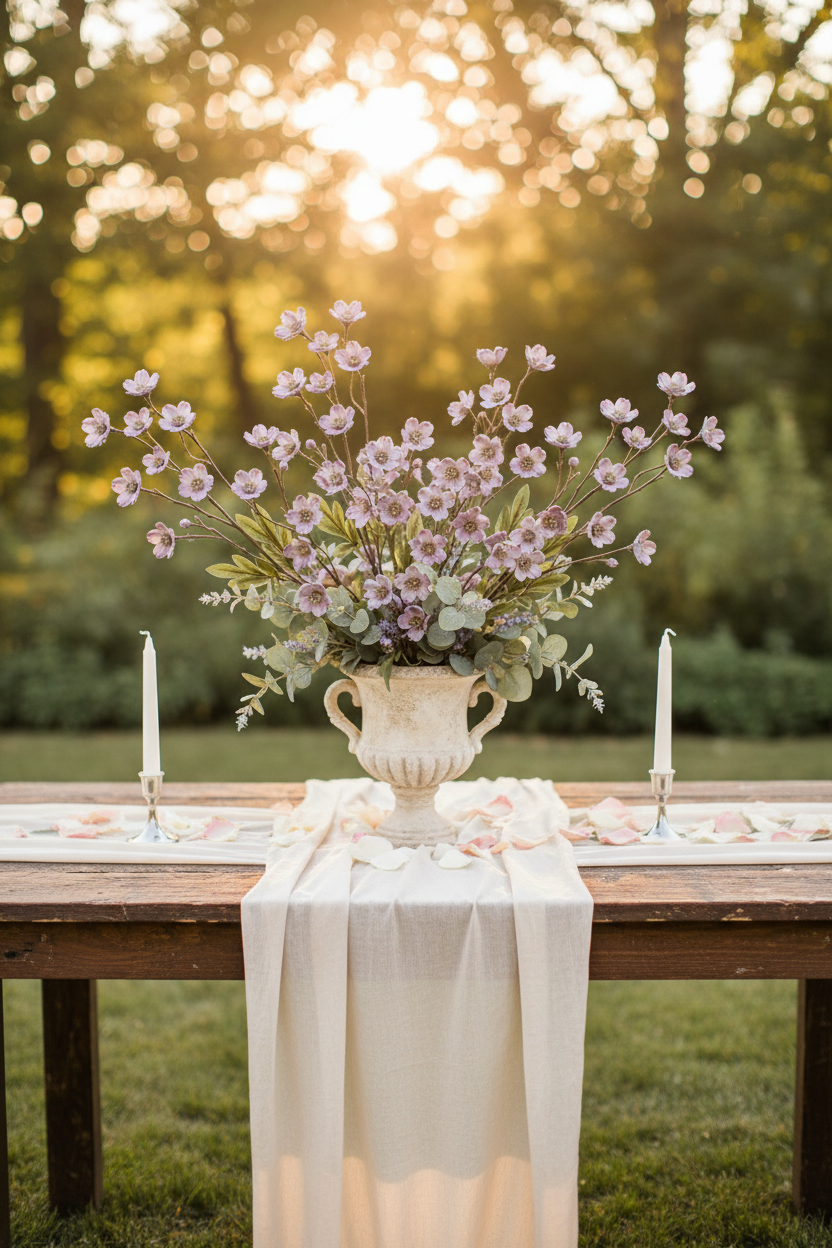 Artificial dusty lavender purple dogwood stems in an aged cream stone urn as a rustic wedding centerpiece on a farm table with white taper candles and linen runner, outdoor garden golden hour setting