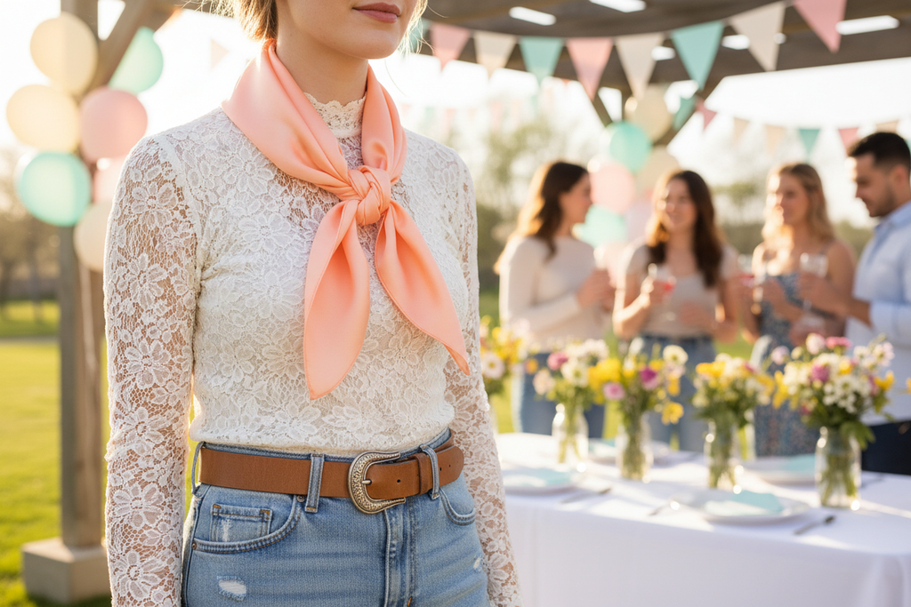 Peach wild rag at spring baby shower with pastel decorations and white lace top