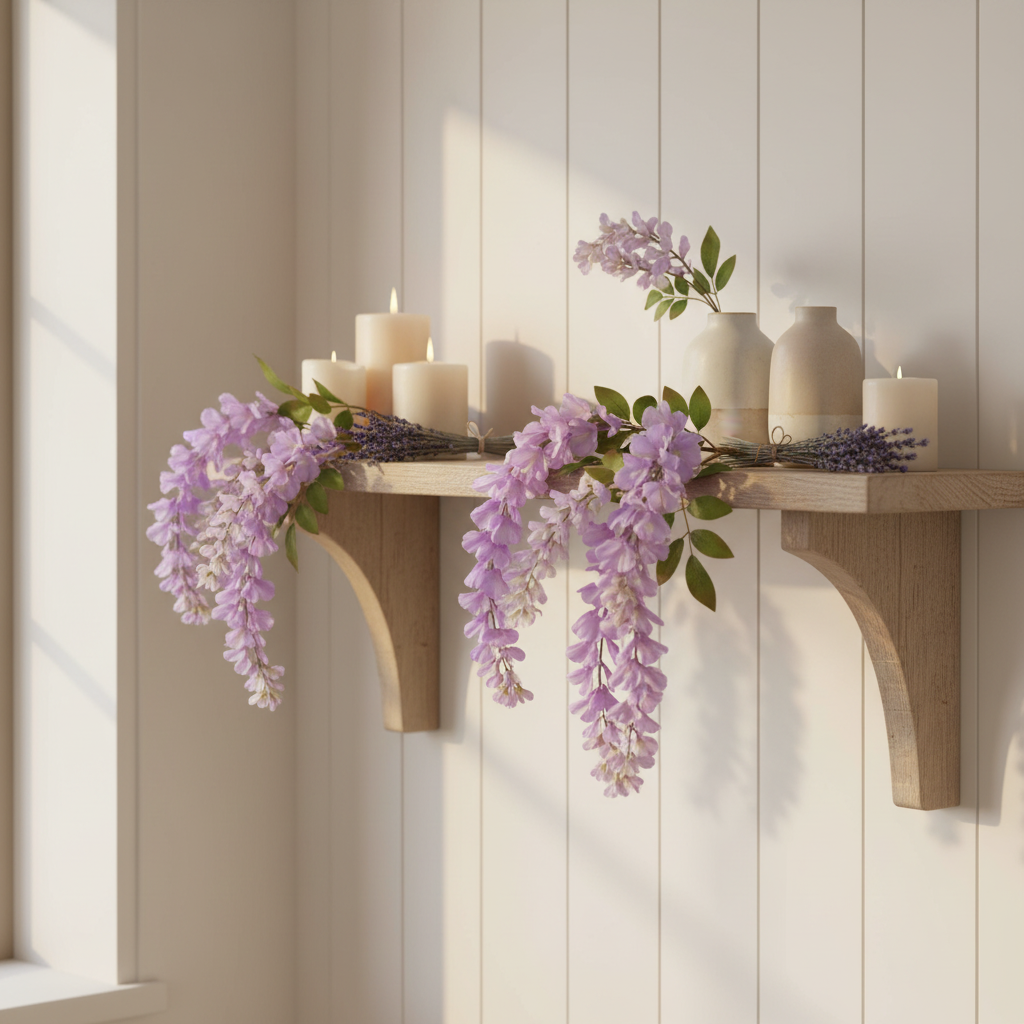 Artificial lavender wisteria stem draped over a rustic wooden shelf with dried lavender bundles, white candles, and ceramic vases