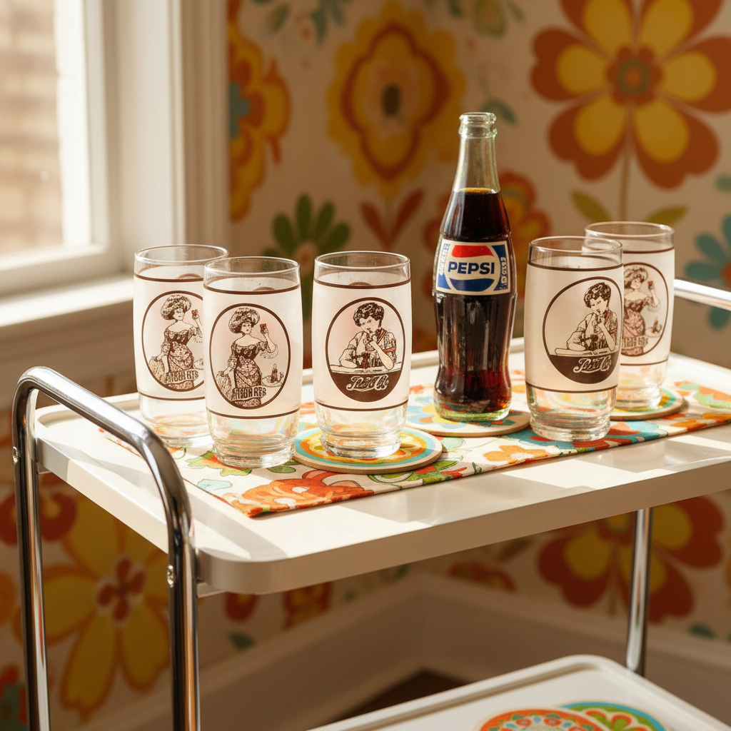 Set of 6 vintage 1970s Pepsi-Cola Gibson Girl tumblers styled on a bright retro bar cart with vintage Pepsi bottle and colorful retro coasters in cheerful natural daylight