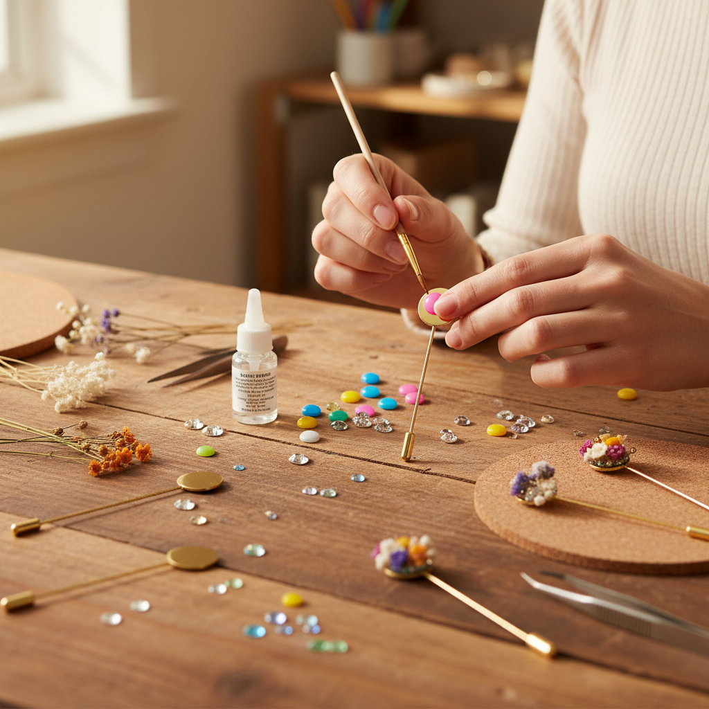 Hands crafting with gold flat pad corsage stick pins, gluing pink resin cabochon onto pin pad with jewelry supplies on wooden table