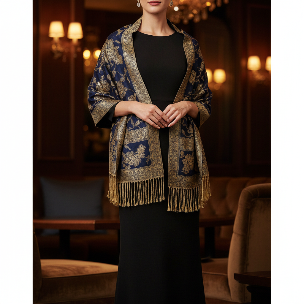 Woman wearing navy blue gold paisley jacquard shawl as evening wrap draped over shoulders with black dress