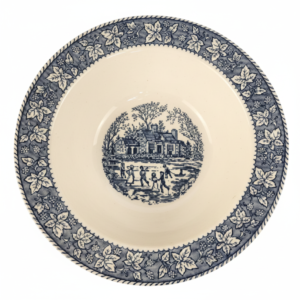 Vintage Homer Laughlin Shakespeare Country vegetable bowl cobalt blue transferware on white background top view