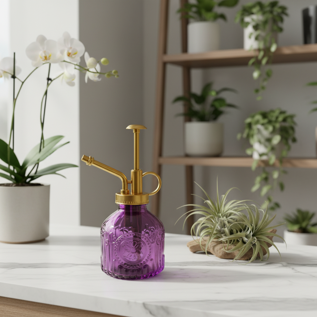 Purple glass plant mister with gold pump on white marble plant care station with orchids and air plants