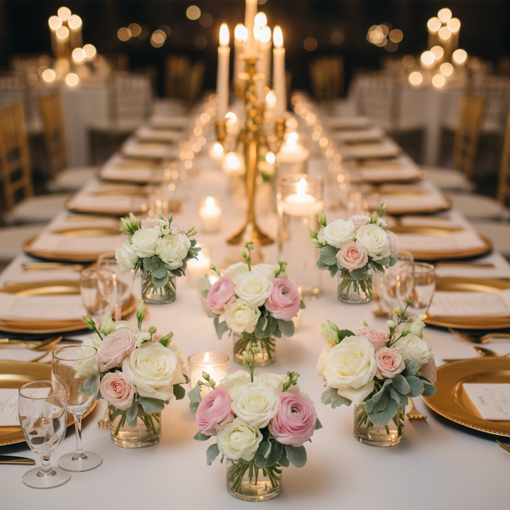 Six small fresh white rose and pink ranunculus wedding centerpieces using wet floral foam blocks in glass votives on elegant reception table