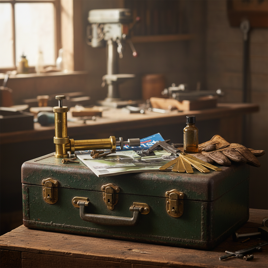 Metalworking magazine styled on vintage metal toolbox with precision measuring tools and brass fittings in industrial workshop setting