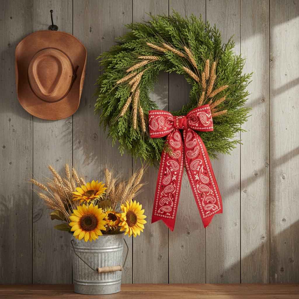 12 inch faux cedar greenery wreath styled in a western farmhouse scene with a red bandana bow, dried wheat stems, and a cowboy hat on a weathered barn wood wall