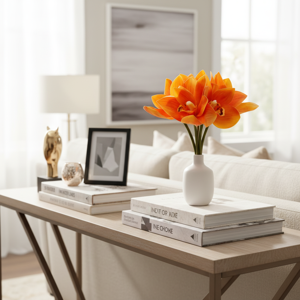 Orange orchid arrangement in modern home interior decor