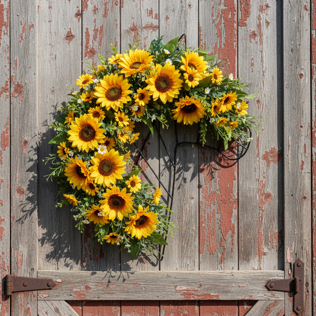 Black metal wire horse head wreath frame filled with sunflowers yellow daisies and green leaves on weathered barn wood door summer decor