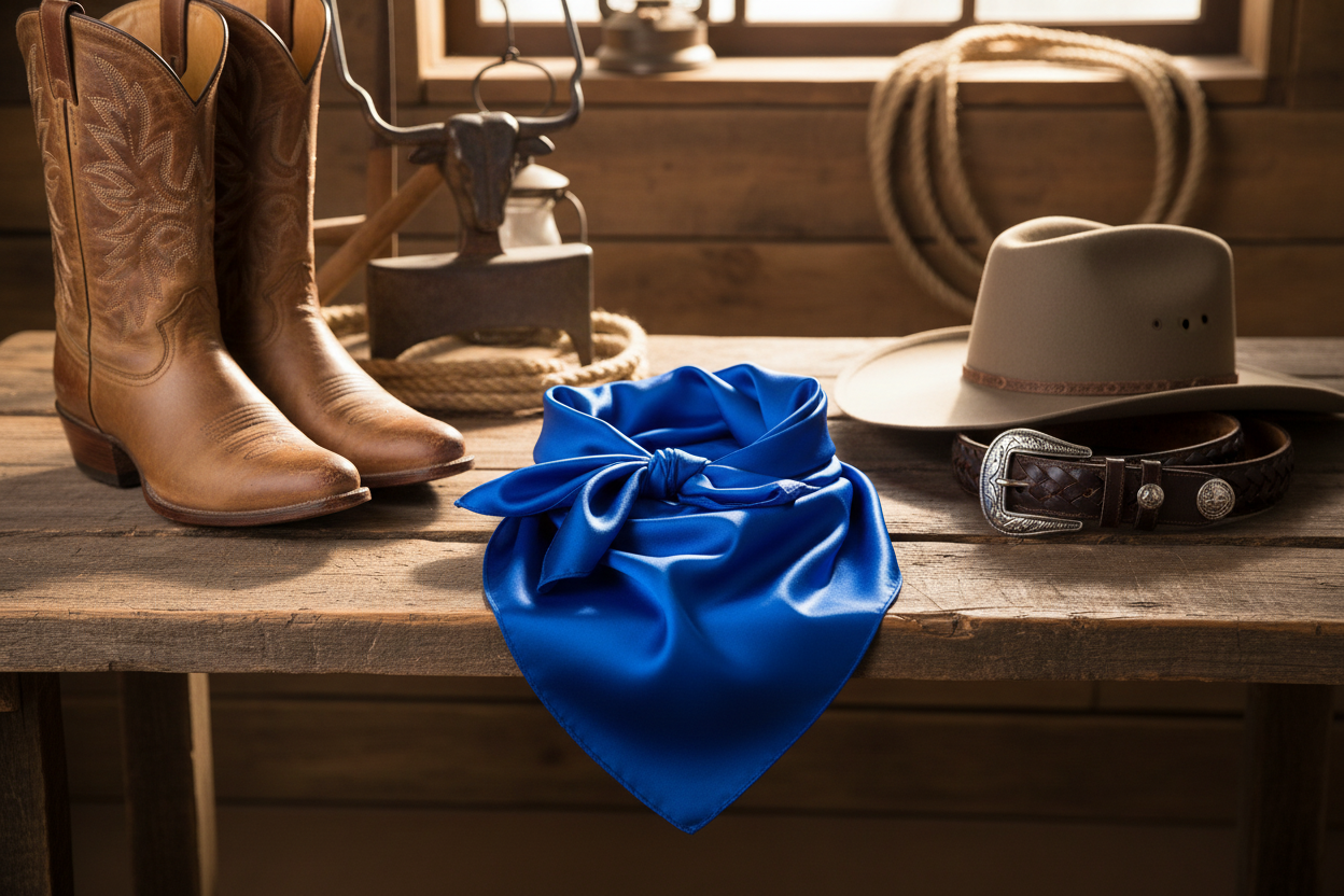 Royal blue satin wild rag scarf styled with western accessories boots and cowboy hat