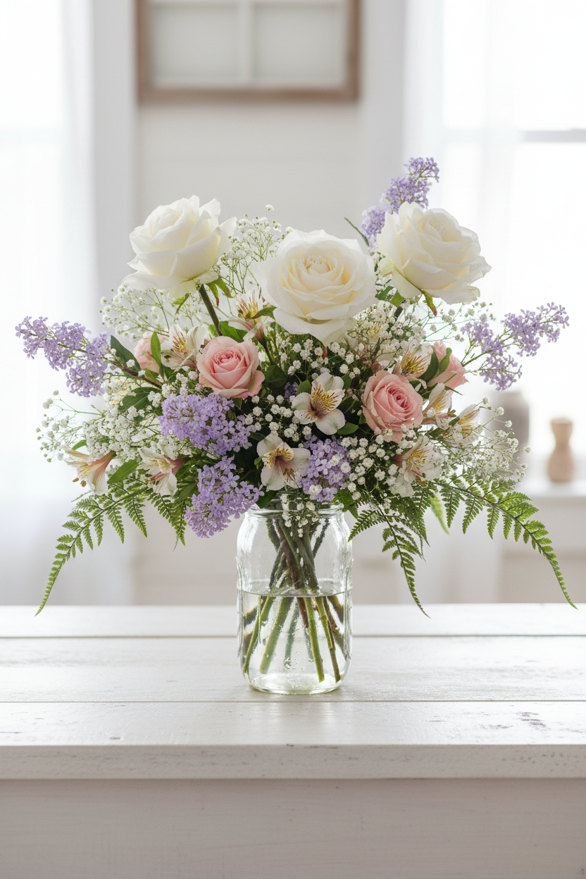Artificial purple lilac stems arranged with white garden roses and pink spray roses in mason jar on white farmhouse table with soft natural light