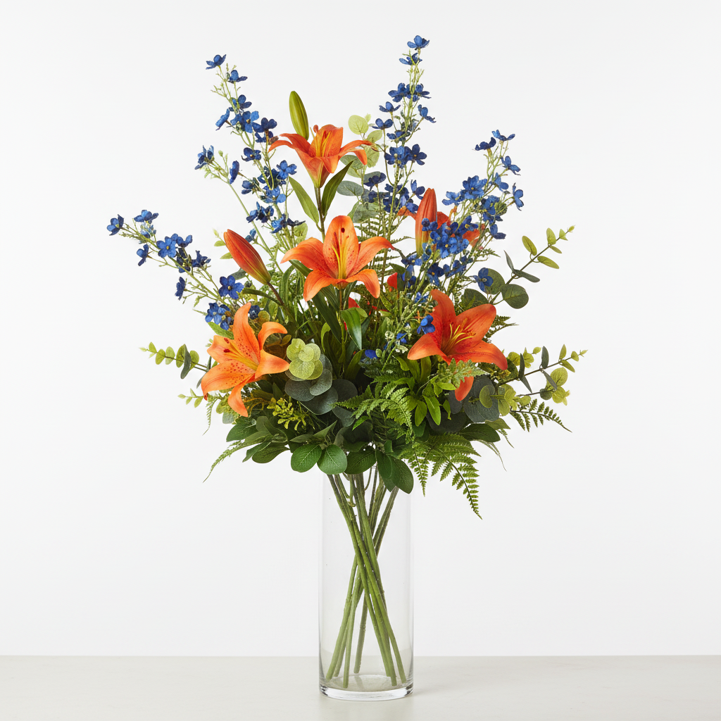 Artificial cobalt blue dogwood stems mixed with vibrant orange lilies and greenery in tall clear glass vase arrangement