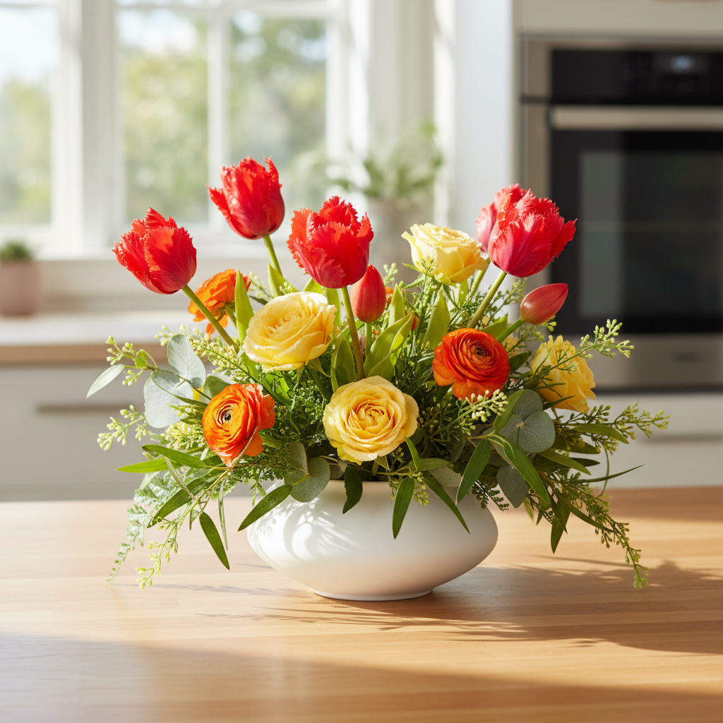 Artificial Red Parrot Tulips Summer Centerpiece with Yellow Roses Orange Ranunculus and Greenery Faux Silk Flowers Home Decor