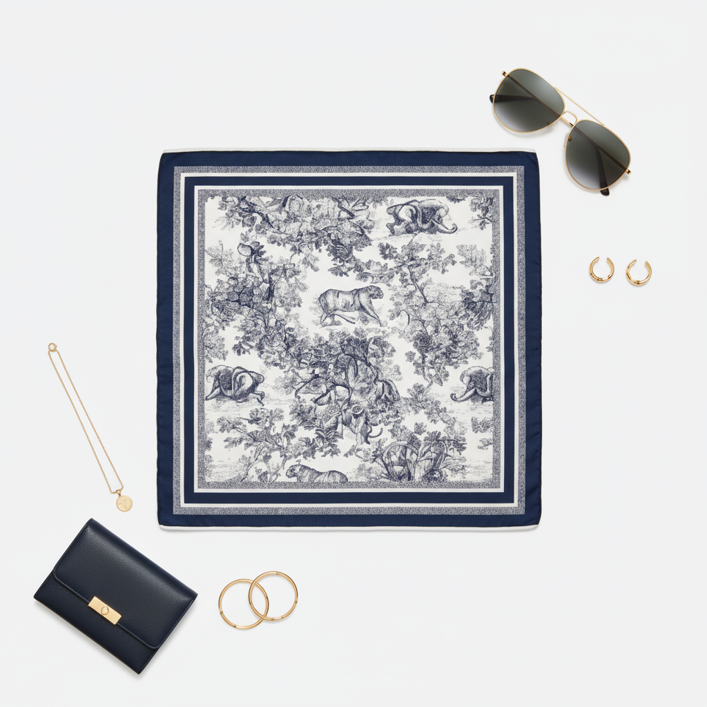 Navy blue and white jungle safari animal print satin scarf flat lay styled with sunglasses clutch and gold jewelry accessories