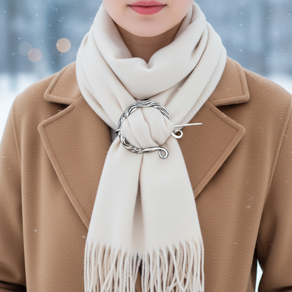 Silver vine brooch scarf fastener holding ivory cashmere fringe scarf on camel wool coat, winter snowy setting