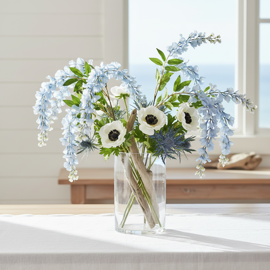 Artificial blue wisteria stem in a coastal centerpiece with white anemones, sea holly, and driftwood in a clear glass vase