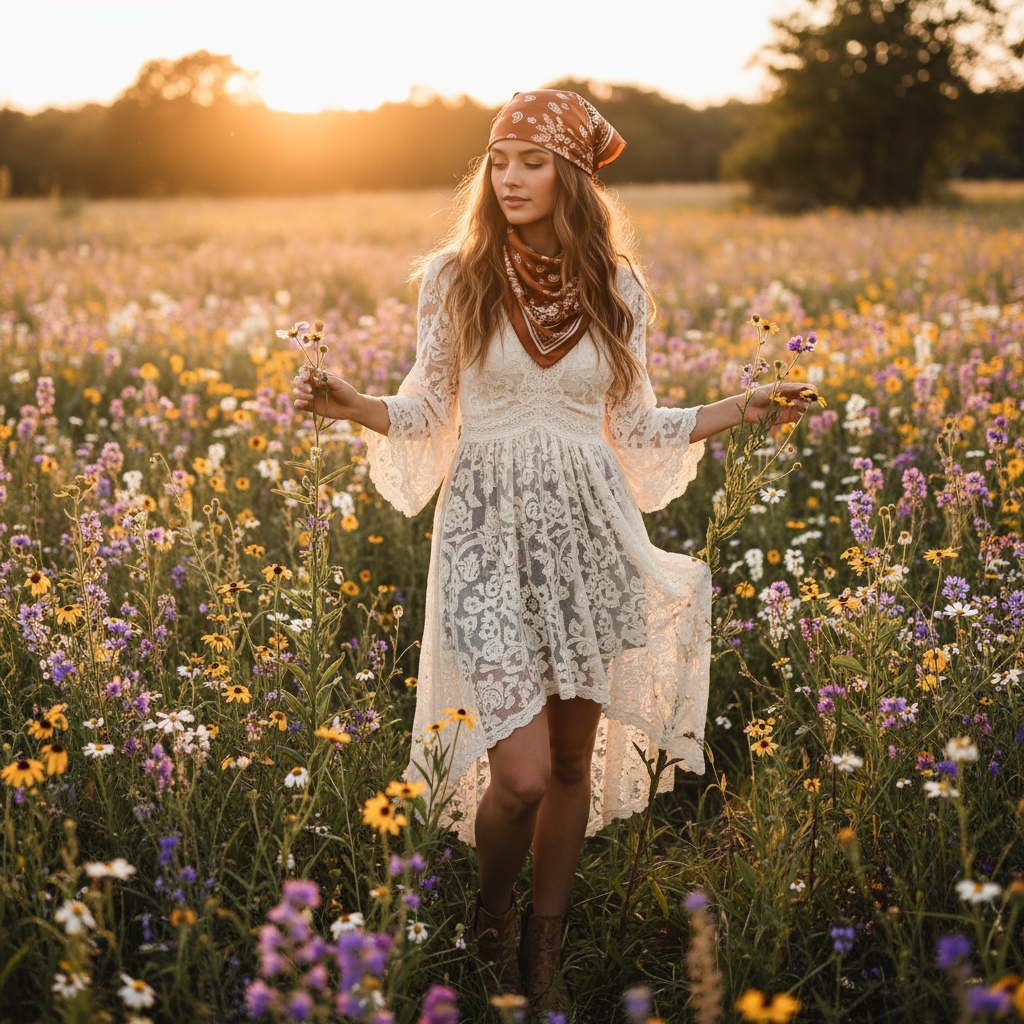 Woman wearing caramel brown paisley scarf as headscarf in wildflower field, boho cottage cowgirl style golden hour
