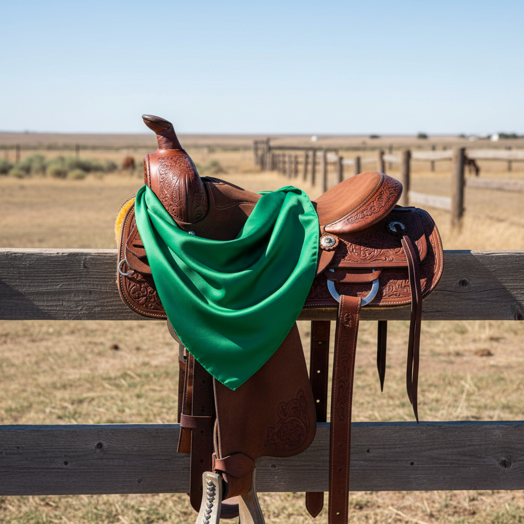 Green wild rag scarf draped over brown leather western saddle - ranch styling