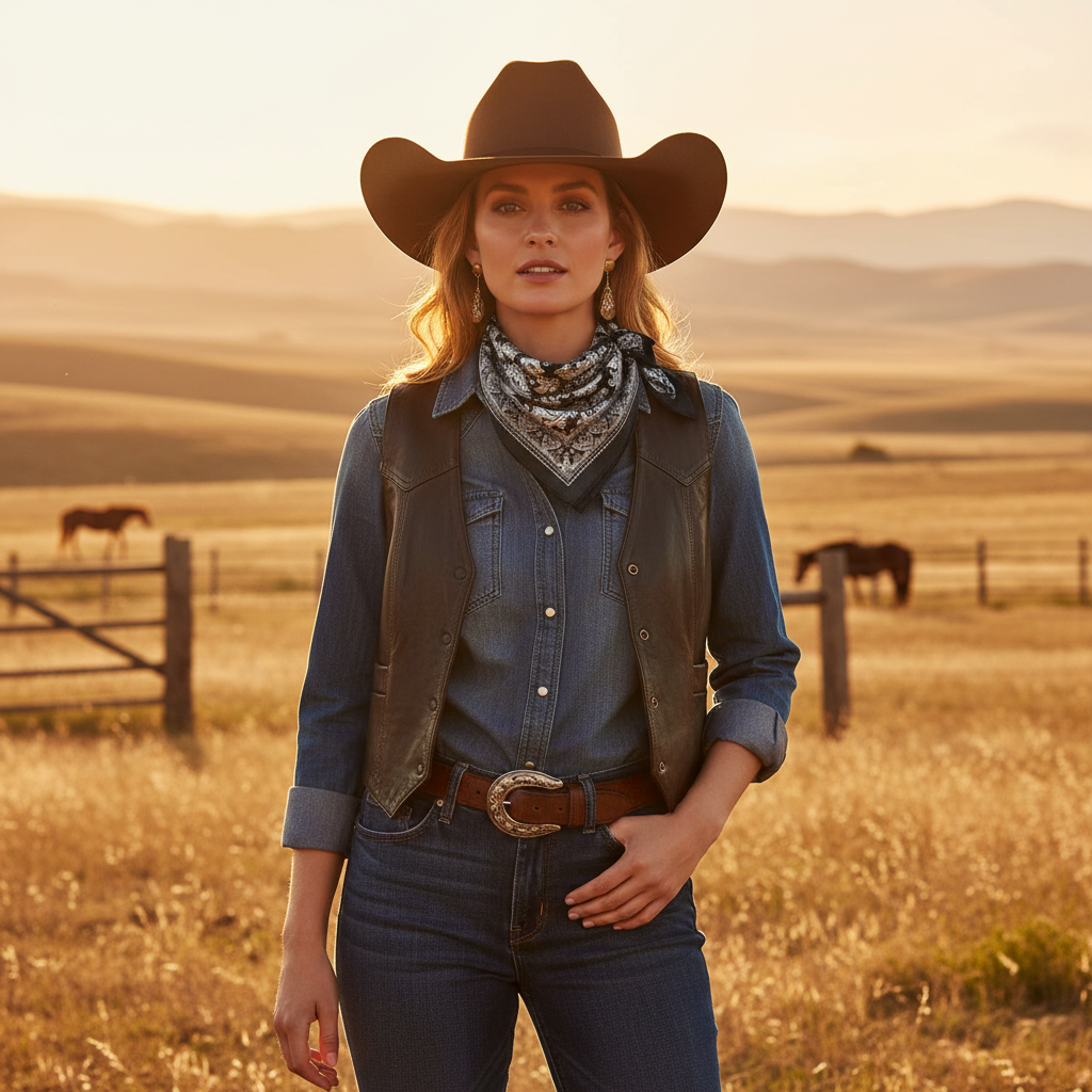 Woman wearing black and white paisley satin square scarf tied at neck in western ranch style outfit