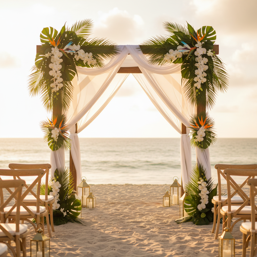 Three faux Bird of Paradise stems as the star feature on a wooden tropical wedding arch with monstera leaves, palm fronds, white orchids and flowing white fabric in a beachside setting