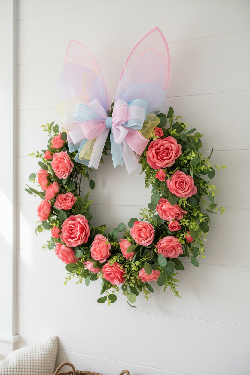 DIY bunny wire wreath frame with fabric-covered ears decorated with coral pink roses and greenery on white shiplap wall