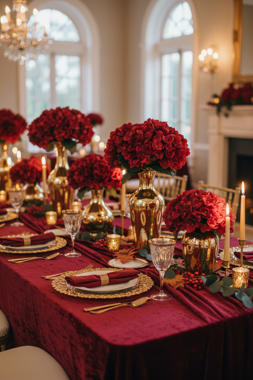 Fall wedding reception centerpiece with deep red hydrangea stems in gold vases on burgundy linens