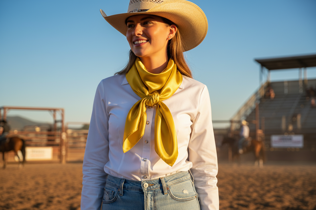 Bright gold wild rag worn at summer rodeo with blue sky, white western shirt and light denim