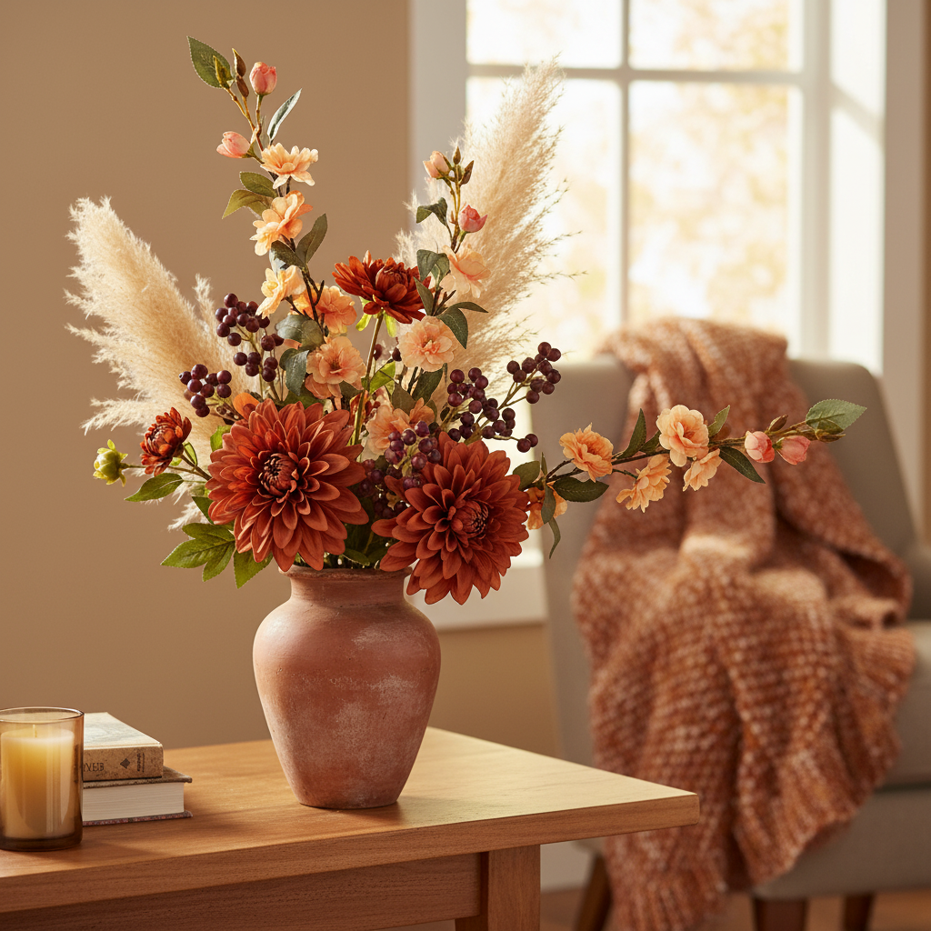 Artificial peach blossom stem in a fall arrangement with rust dahlias, burgundy berries, and pampas grass in a terracotta vase